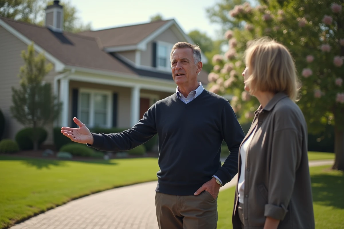 Agent immobilier montrant une maison aux clients en extérieur