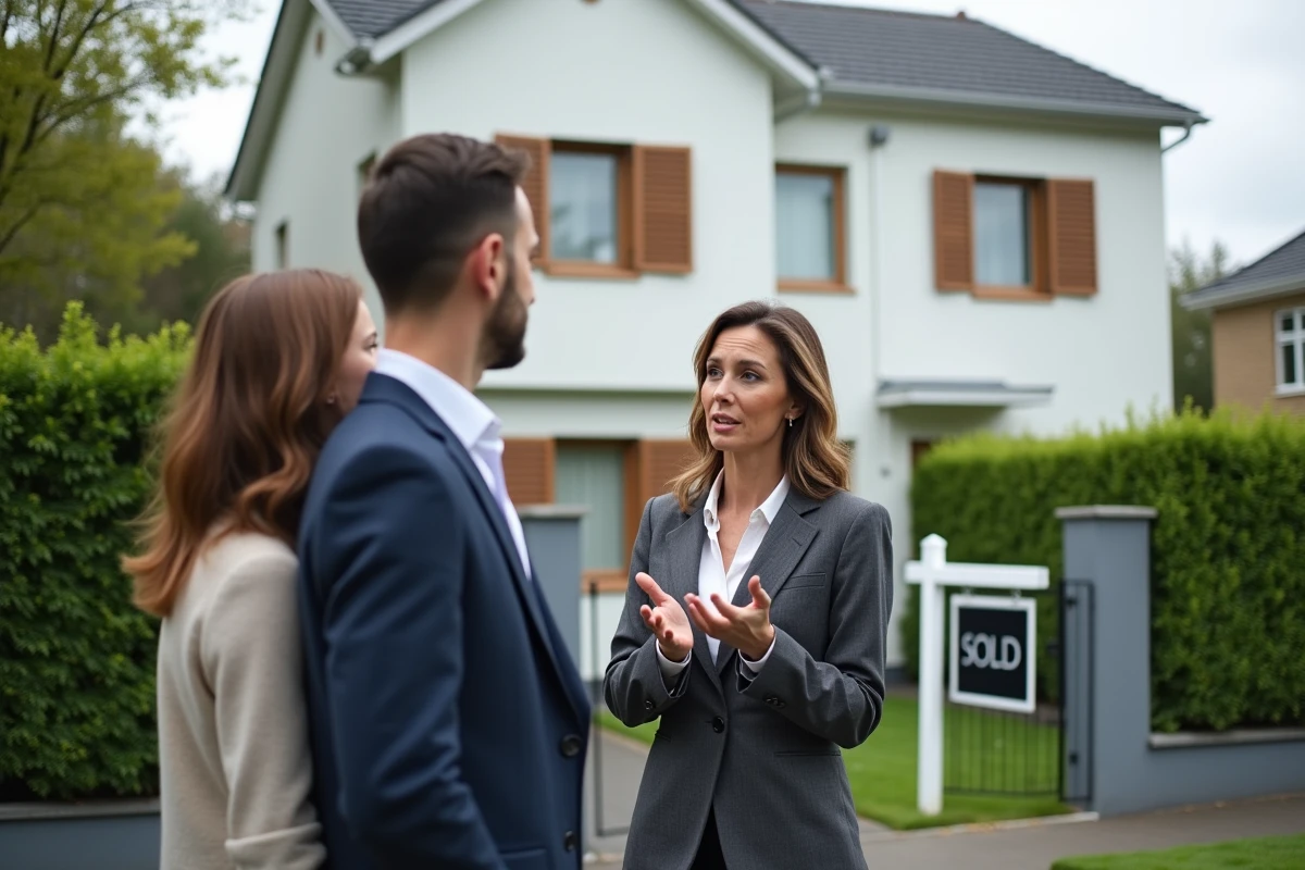 Agent immobilière présentant une maison contemporaine à un couple devant la façade avec panneau vendu
