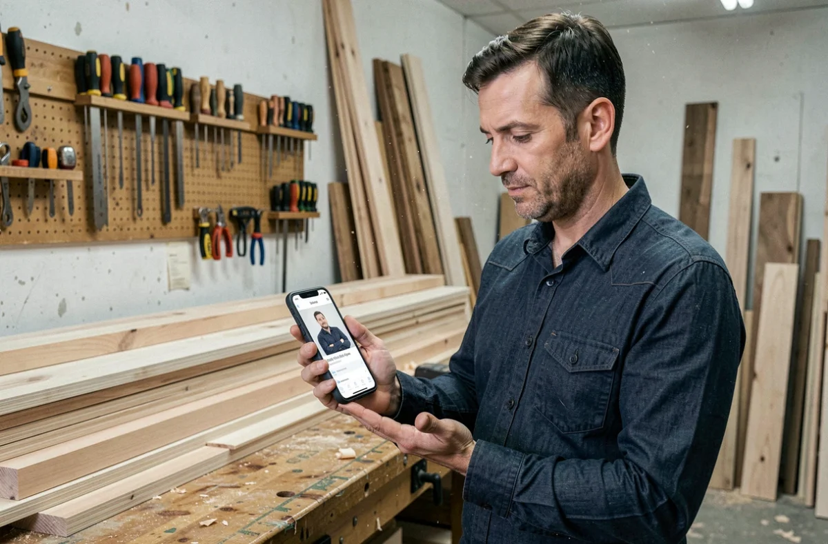 Artisan menuisier consultant son profil professionnel sur smartphone dans son atelier de menuiserie