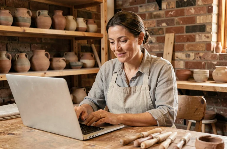 Artisane céramiste en tablier de lin consultant son profil professionnel en ligne sur un ordinateur portable dans son atelier
