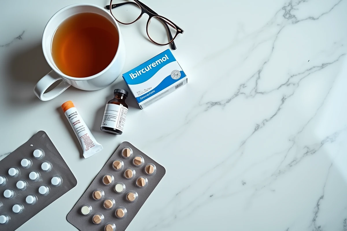 Assortiment de médicaments courants en vente libre posés sur un plan de travail en marbre blanc