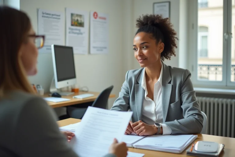 Femme consultant un conseiller en logement social dans un bureau administratif parisien