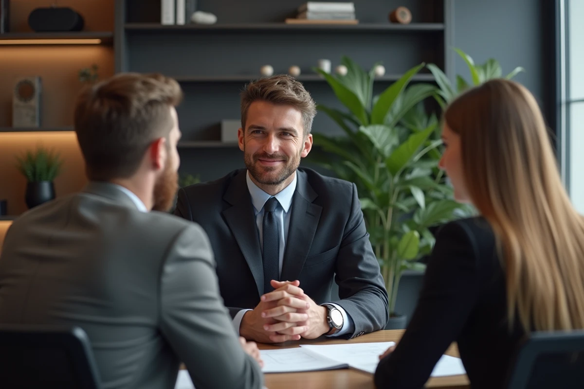 Banquier belge expliquant les taux hypothécaires à un jeune couple