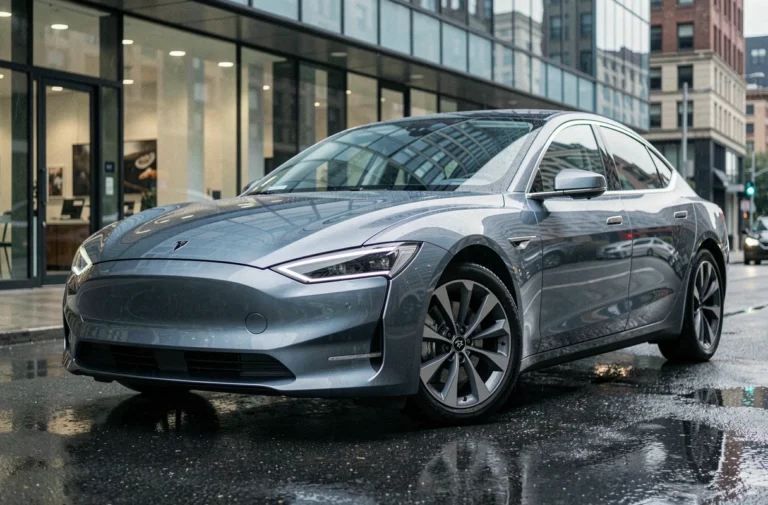 Berline électrique 2024 stationnée devant un showroom automobile moderne sous la pluie, reflets sur la carrosserie métallique