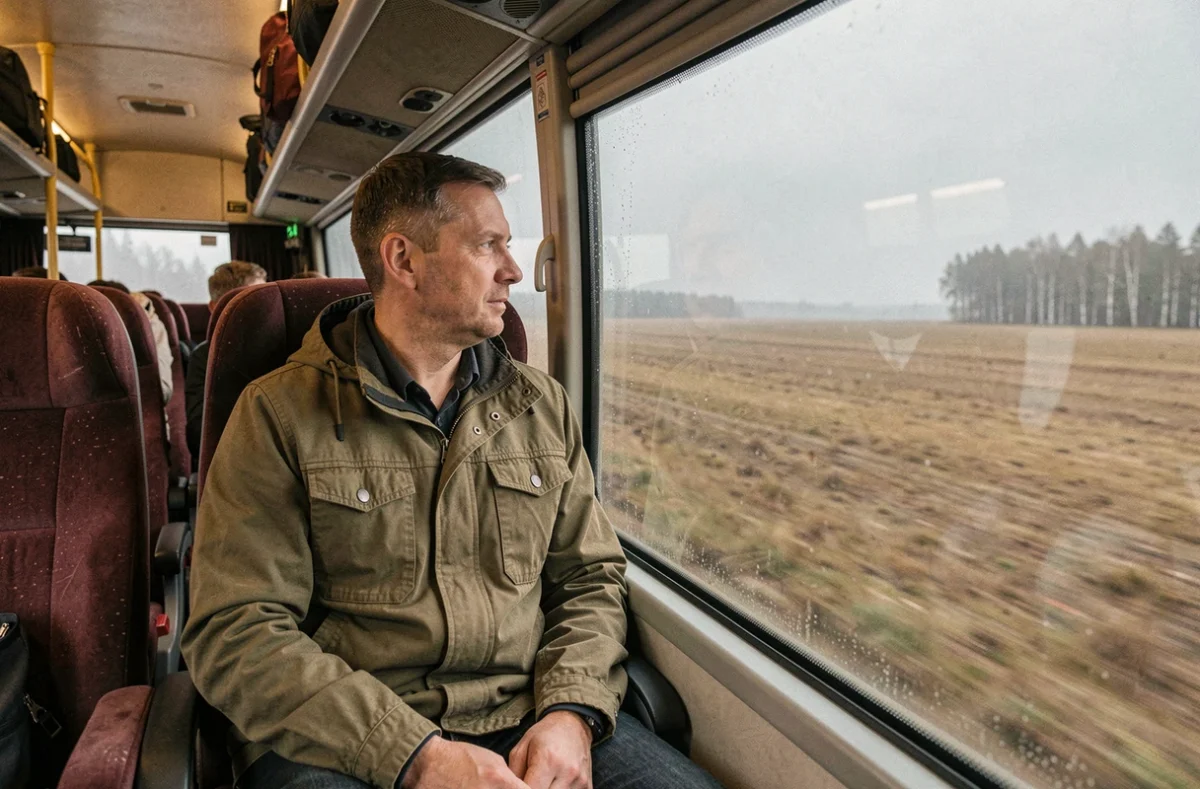 Voyageur regardant par la fenêtre d'un bus longue distance traversant les plaines agricoles ukrainiennes