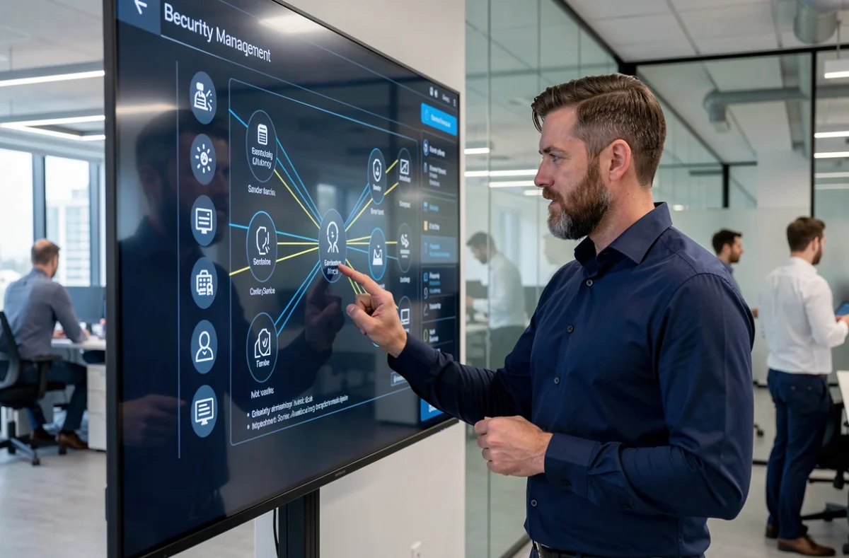 Homme d'affaires interagissant avec un panneau tactile affichant une interface centralisée de gestion et sécurisation des services numériques