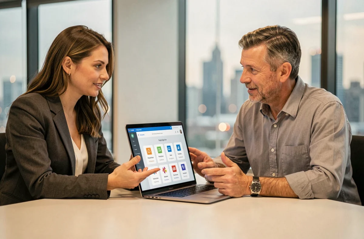 Deux collègues collaborant autour d'un tableau de bord de gestion centralisée et sécurisée des comptes et services en ligne