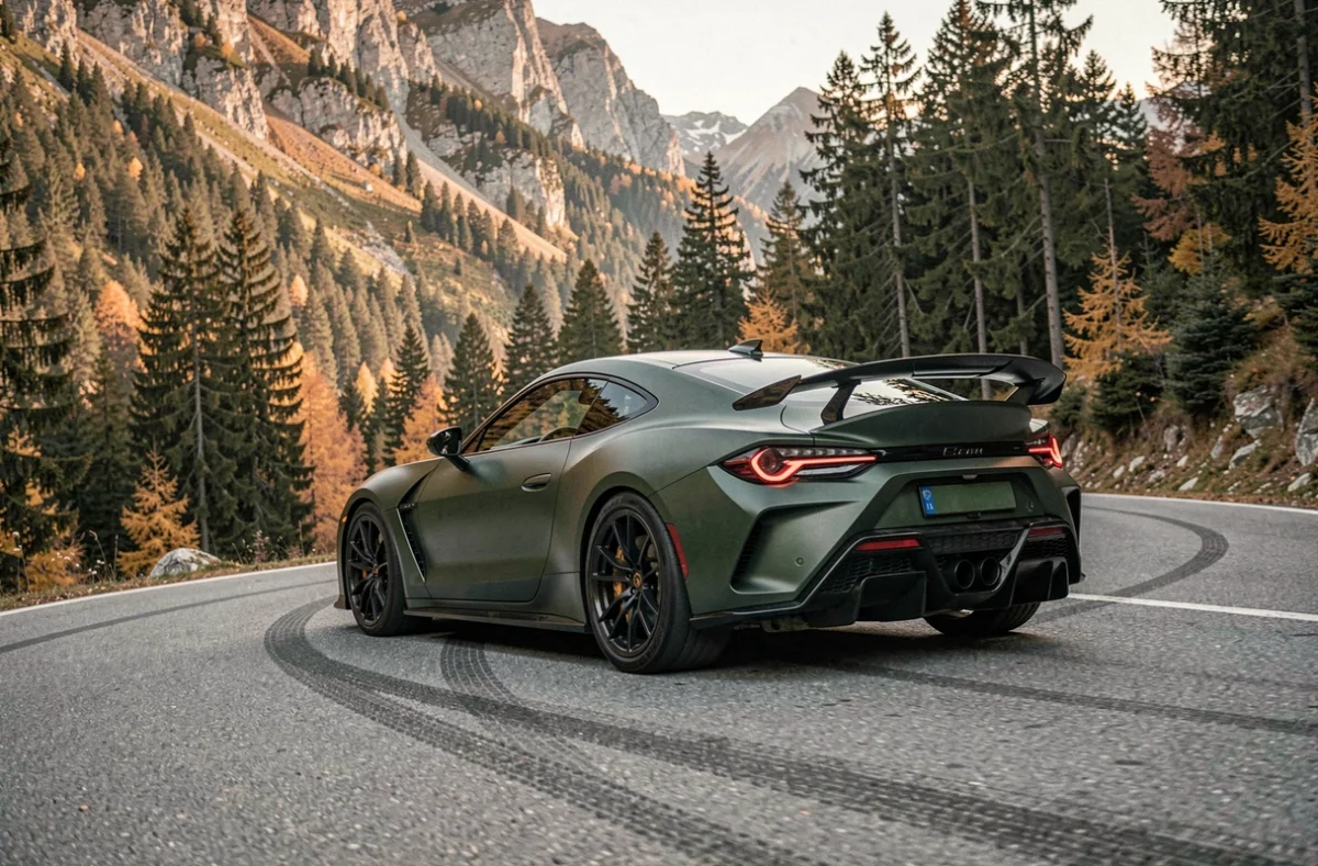 Coupé hybride sportif en virage sur une route de montagne alpine entourée de forêts de pins, tendances automobiles 2024