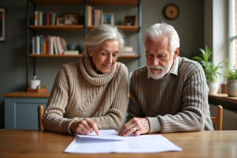 Couple de seniors français examinant des documents financiers