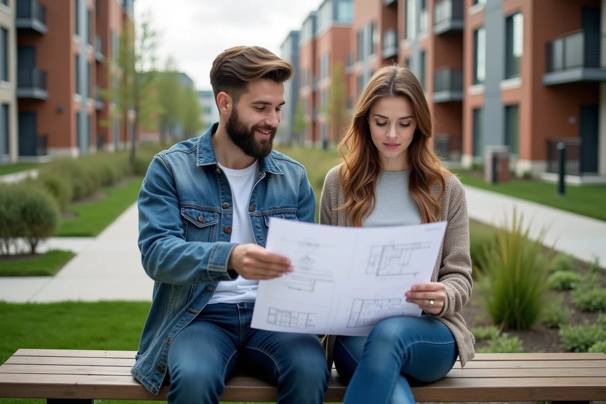 Jeune couple regardant des plans dans un parc en quartier en développement