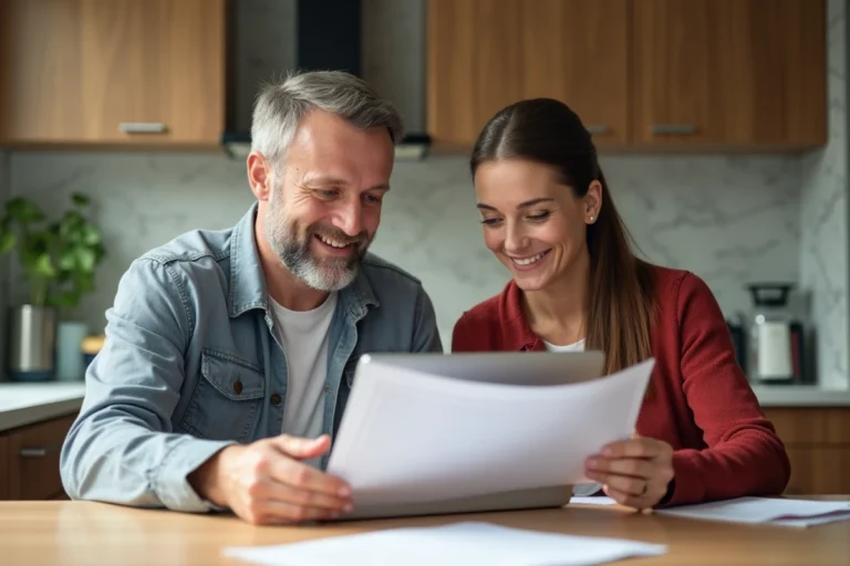 Couple belge discutant de documents de prêt immobilier à la maison