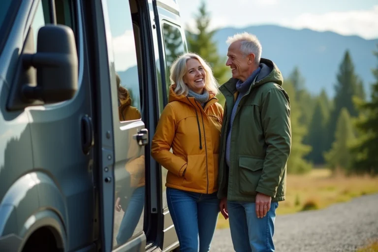 Couple souriant vérifiant le coffre du van en camping