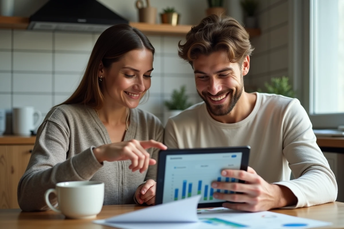Couple consultant leur tableau de bord bancaire en ligne sur une tablette dans leur cuisine