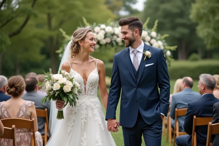 Jeune couple marié dans un jardin fleuri lors d'un mariage
