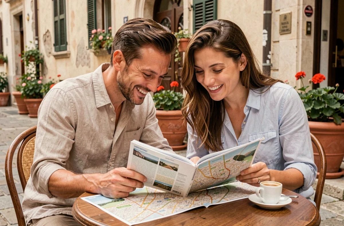 Couple planifiant leur itinéraire de voyage avec un guide et une carte dans un café en terrasse