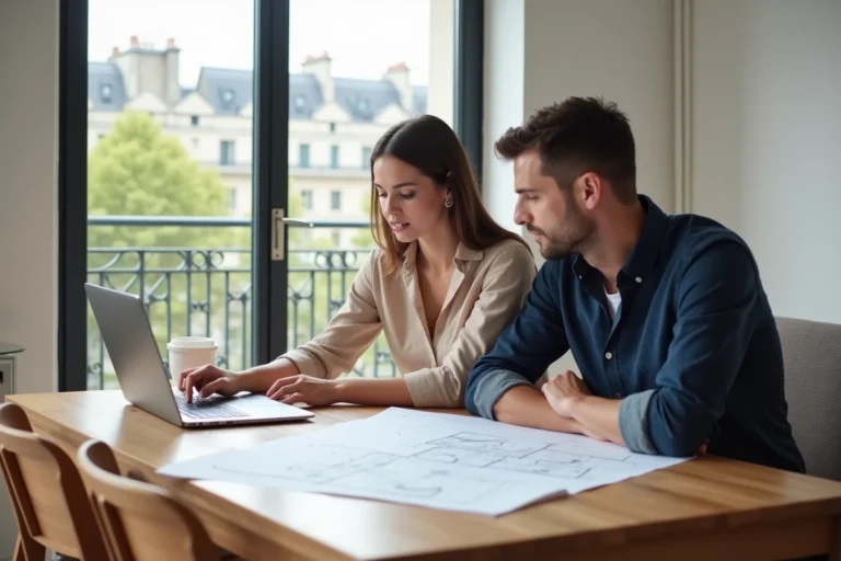 Couple examinant des plans immobiliers et des documents de projet à leur table en bois dans un appartement moderne