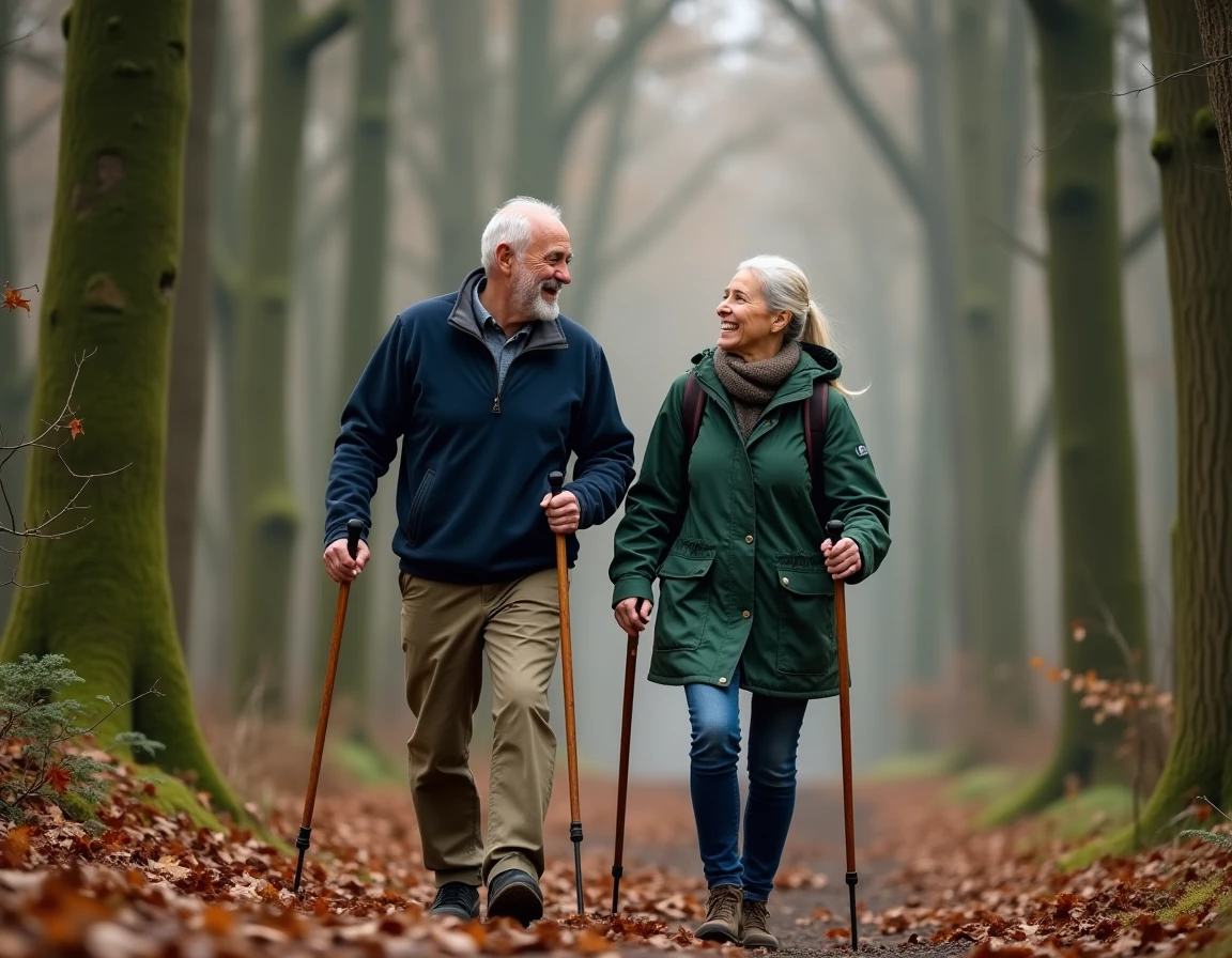 Couple de retraités actifs en randonnée dans une forêt automnale, illustrant une retraite épanouie et en bonne santé