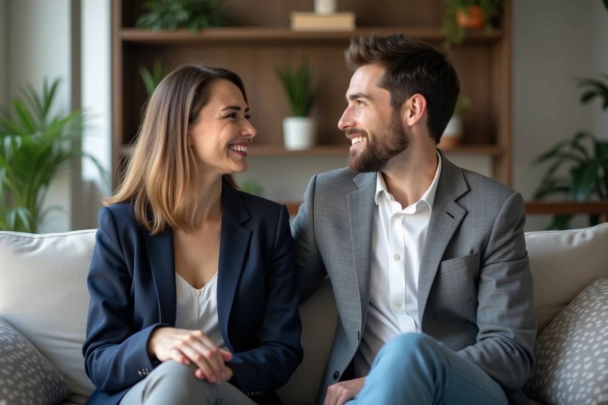 Femme et homme en tenue décontractée partageant un rire dans un salon moderne