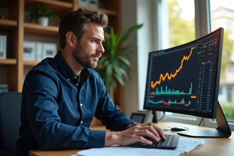 Un investisseur en cryptomonnaie analysant ses relevés Kraken pour remplir sa déclaration fiscale sur son ordinateur portable à domicile