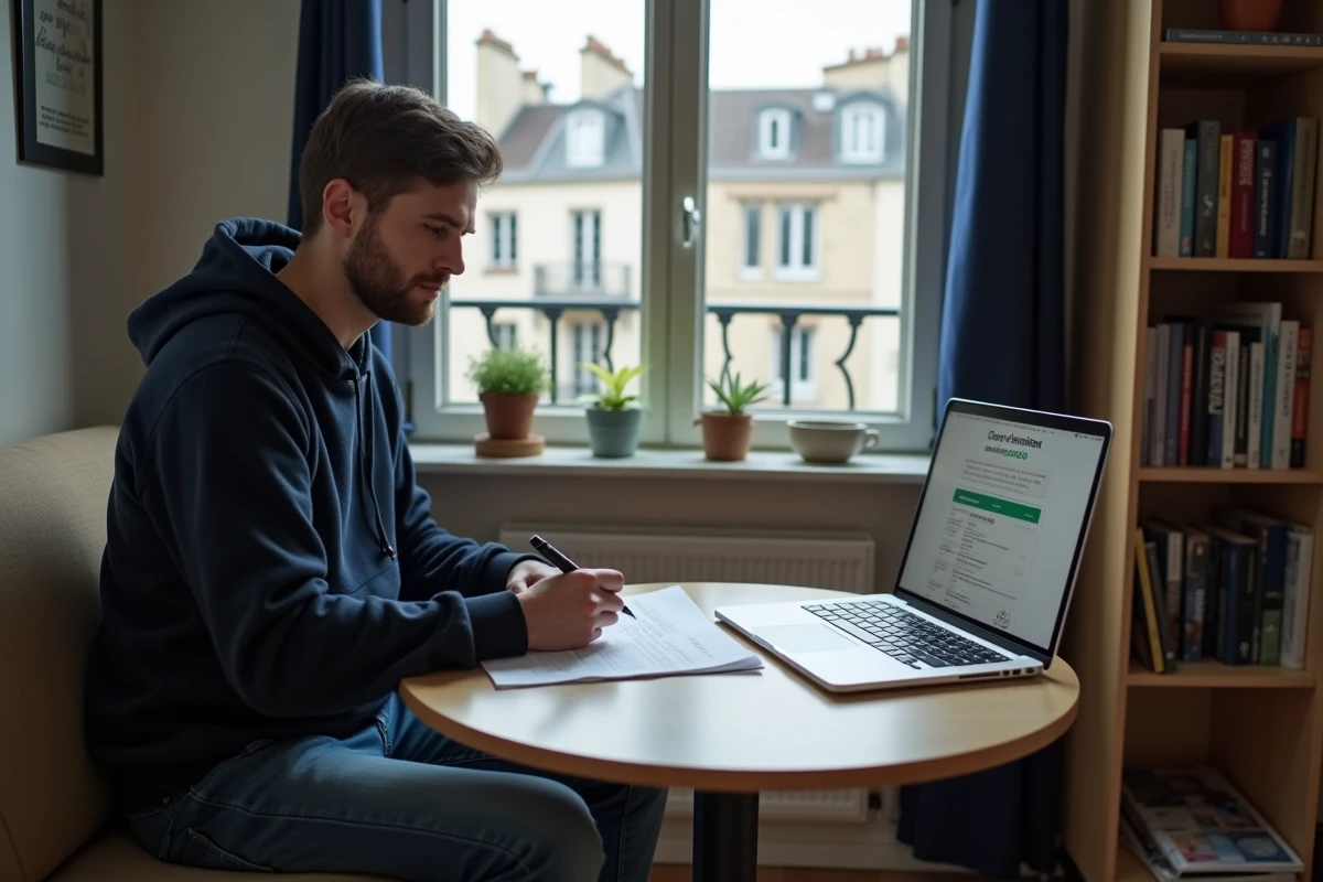 Jeune homme remplissant un dossier de demande de logement social dans un studio parisien