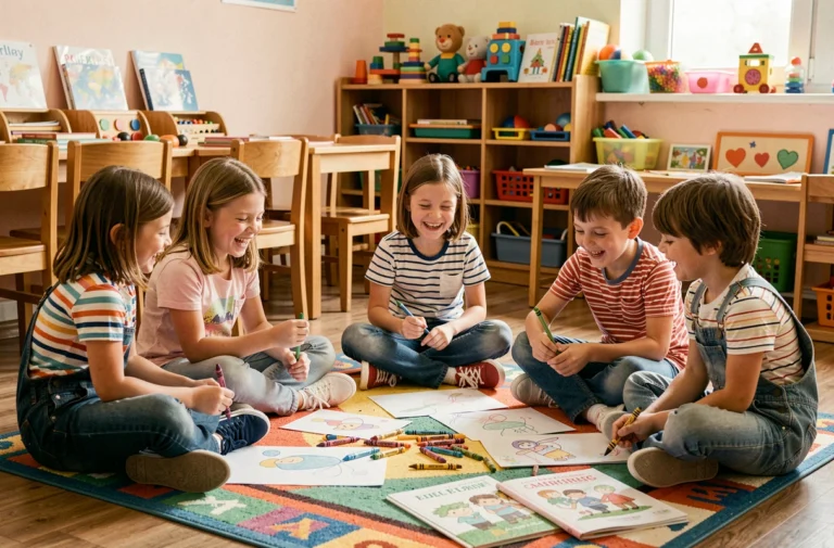 Groupe d'enfants d'âge scolaire faisant un atelier de dessin créatif dans une salle de classe colorée et animée