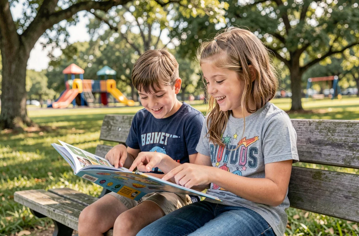Deux enfants assis à une table de pique-nique en plein air explorant ensemble un cahier d'activités illustré