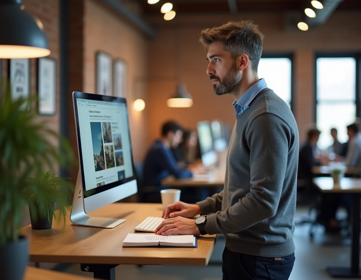 Entrepreneur masculin utilisant des ressources numériques dans un espace de coworking moderne