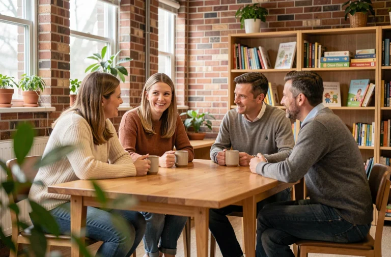 Groupe de parents échangeant des conseils autour d'une table dans un espace communautaire chaleureux