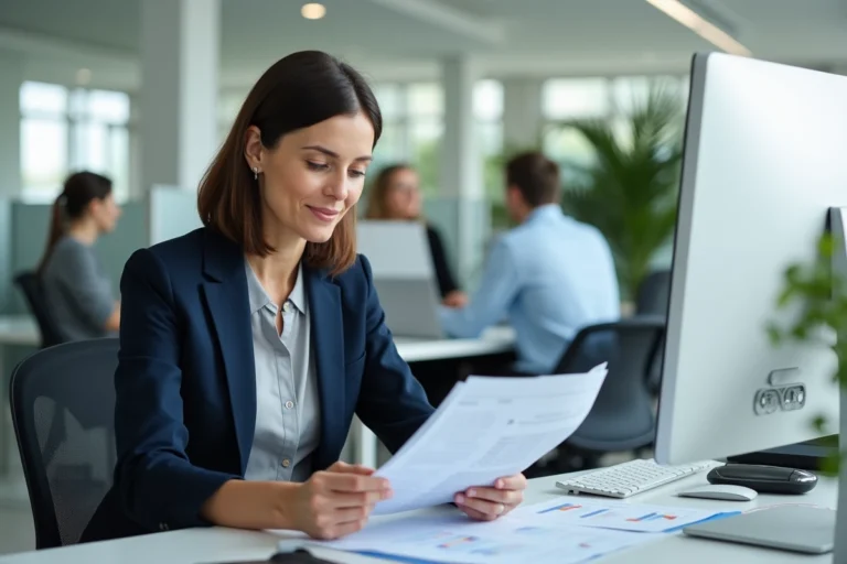 Femme cadre examinant des documents administratifs dans un bureau moderne, illustrant l'externalisation de la gestion administrative en entreprise