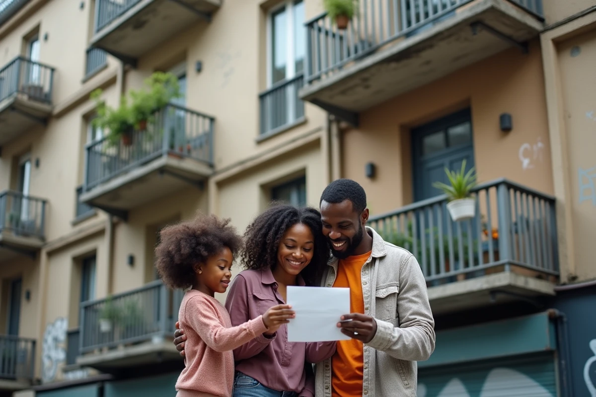 Famille devant un immeuble de logements sociaux parisien tenant une lettre d'attribution