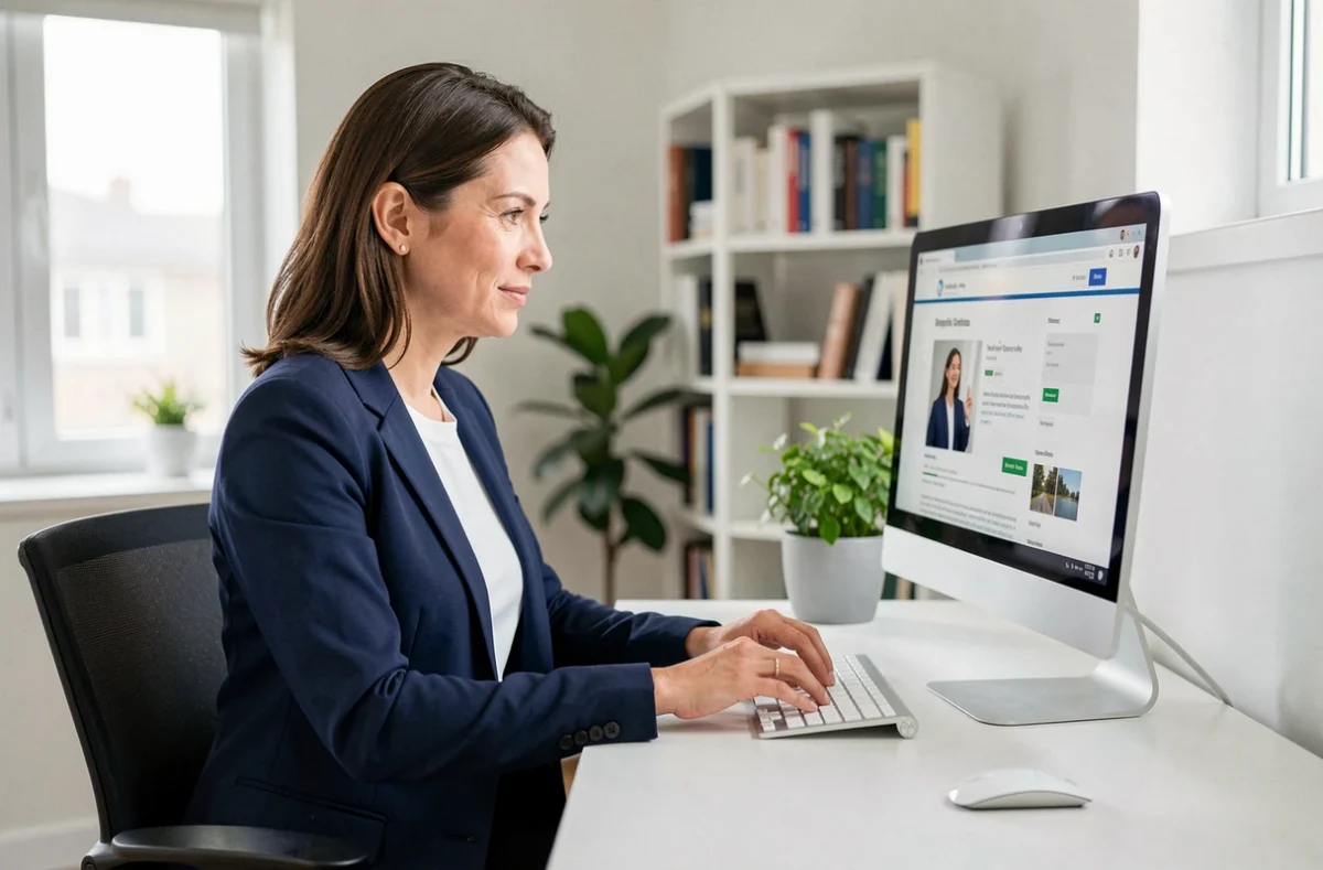 Femme artisane en veste bleue optimisant son profil professionnel en ligne depuis son bureau à domicile