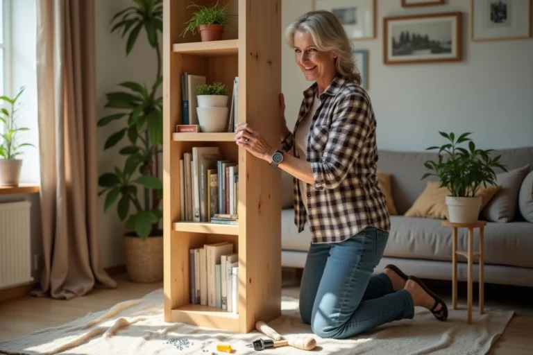 Femme souriante assemble une étagère en bois dans un salon lumineux