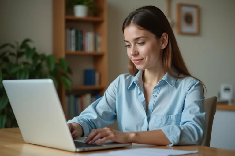 Femme gérant son compte bancaire en ligne sur un ordinateur portable dans un bureau à domicile moderne