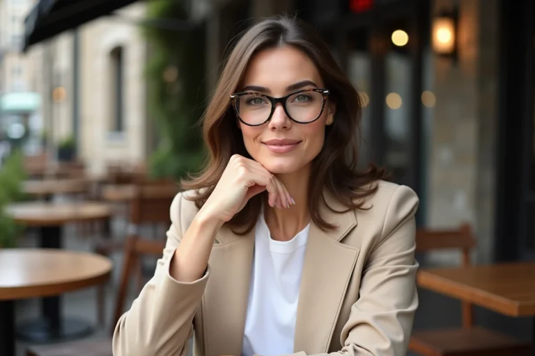 Femme élégante en blazer beige dans un café urbain
