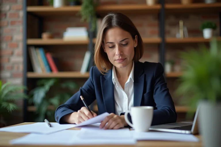 Femme entrepreneur analysant des documents de demande de subvention dans un espace de coworking moderne