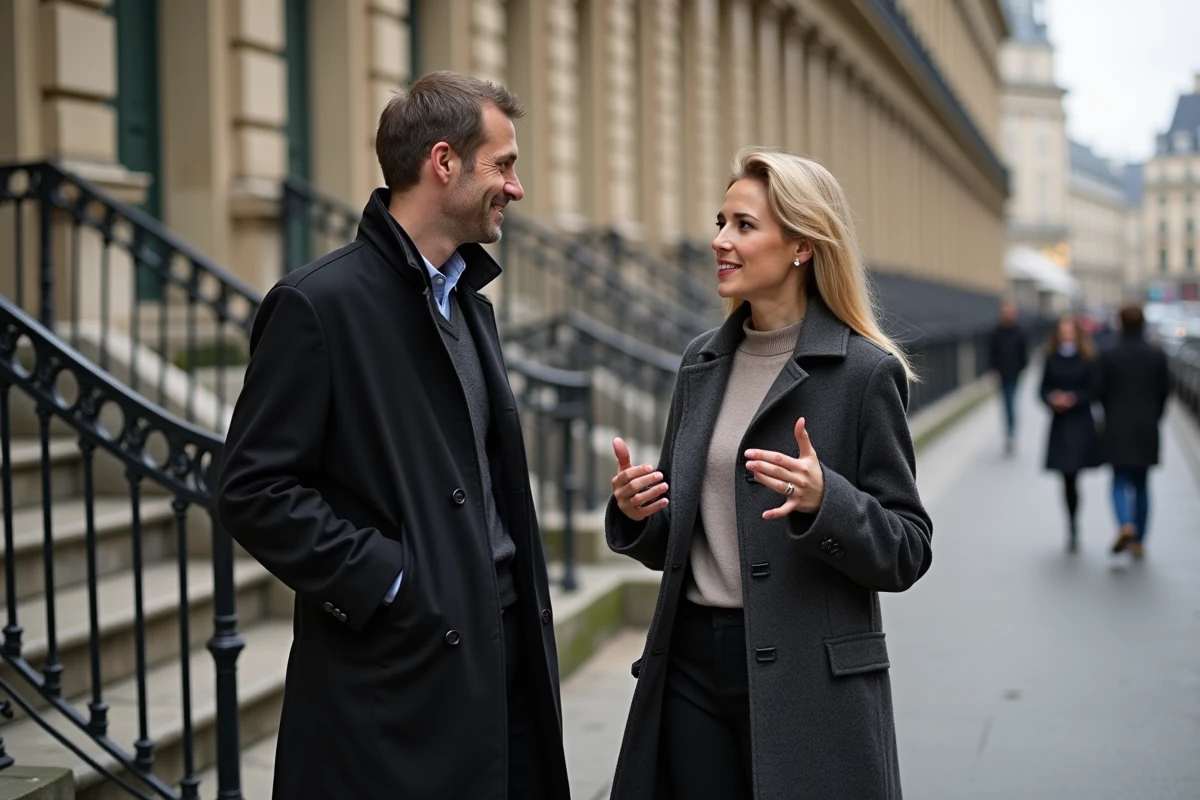 Femme confiante et homme élégant discutant devant un bâtiment parisien