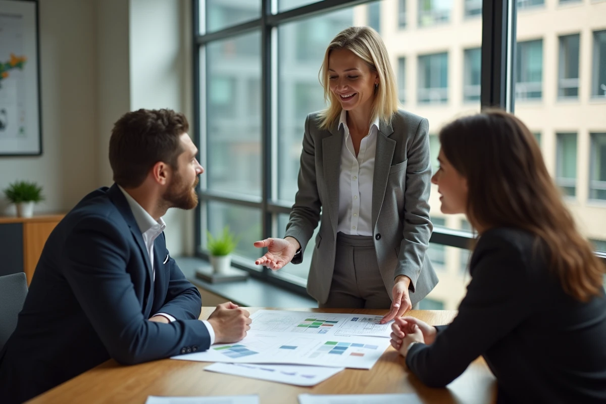 Femme professionnelle expliquant des plans immobiliers