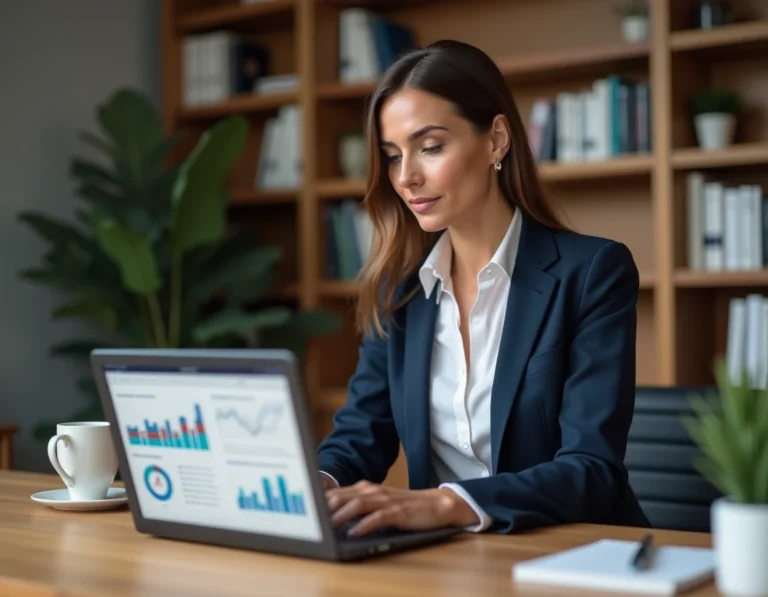 Femme professionnelle travaillant sur son activité en ligne depuis un bureau à domicile bien organisé