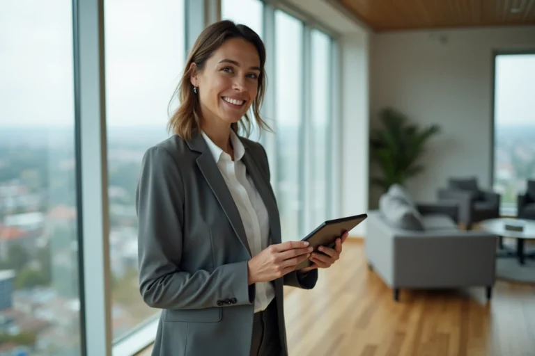 Femme professionnelle avec blazer tenant une tablette dans un appartement moderne