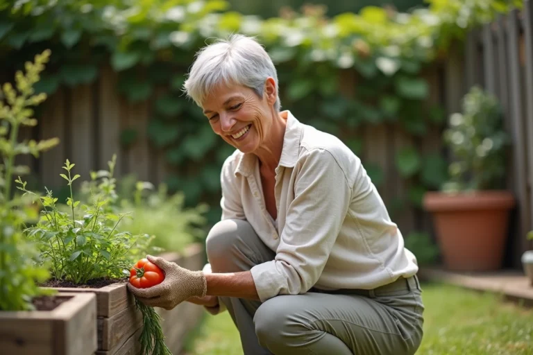 Femme retraitée souriante qui jardine dans son potager, activité épanouissante pour une retraite active