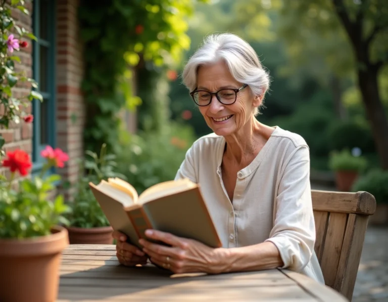 Femme retraitée lisant un livre dans son jardin fleuri, profitant sereinement de sa retraite au soleil