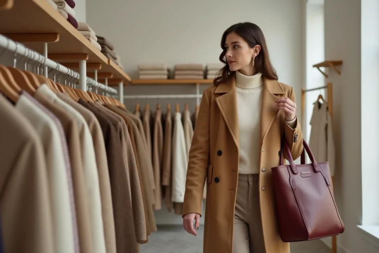 Femme élégante en manteau camel parcourant les rayons d'une boutique de mode minimaliste parisienne