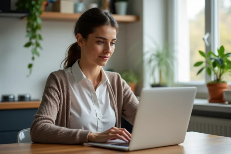 Jeune femme travaillant à la maison sur son ordinateur