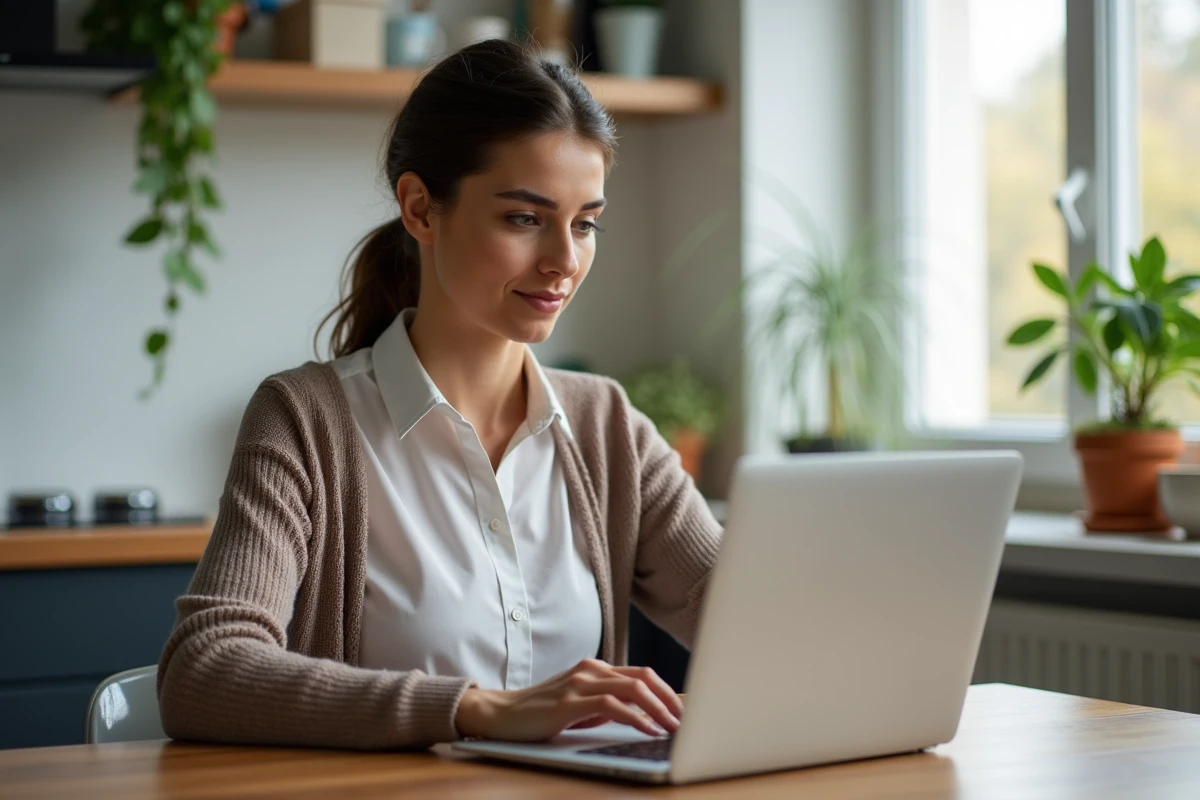 Jeune femme travaillant à la maison sur son ordinateur