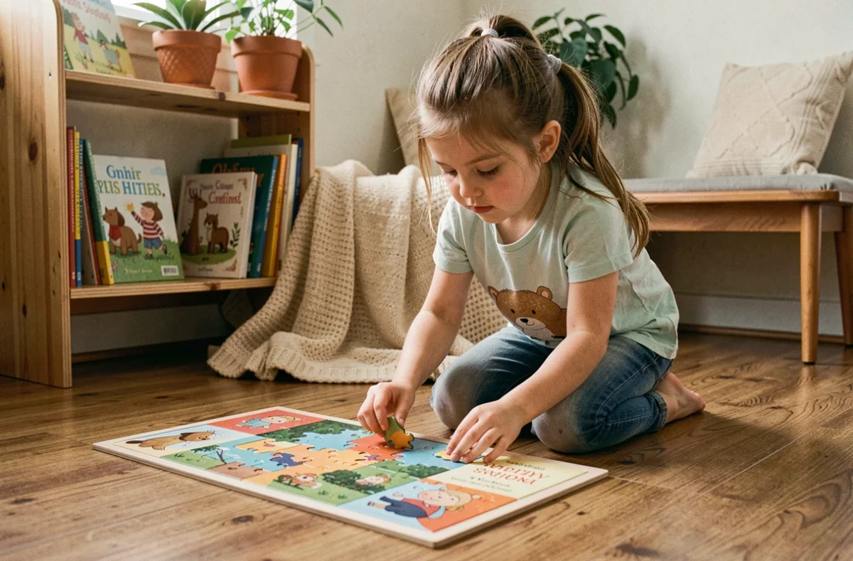 Petite fille concentrée en train d'assembler un puzzle en bois coloré dans un coin lecture confortable