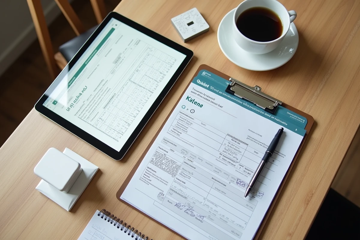 Vue aérienne d'un espace de travail avec une tablette affichant l'historique des transactions Kraken et un formulaire de déclaration fiscale rempli à la main