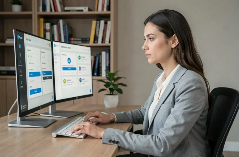 Femme professionnelle gérant ses services en ligne depuis un bureau moderne avec un tableau de bord numérique centralisé