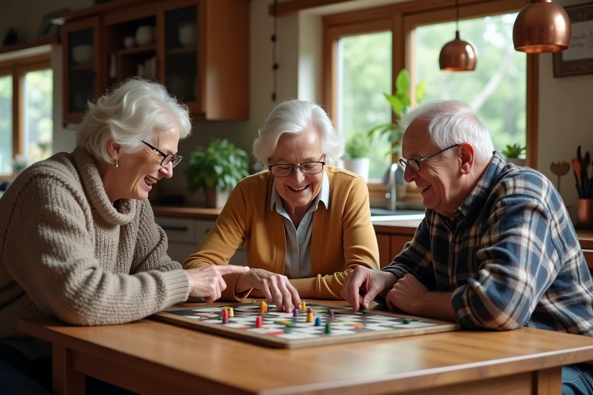 Groupe de retraités jouant à un jeu de société ensemble, lien social et épanouissement pendant la retraite