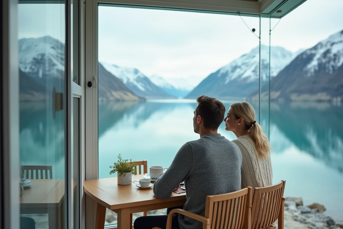 Couple savourant un café dans un bungalow sur pilotis au design scandinave face à un fjord arctique aux eaux turquoise et aux montagnes enneigées