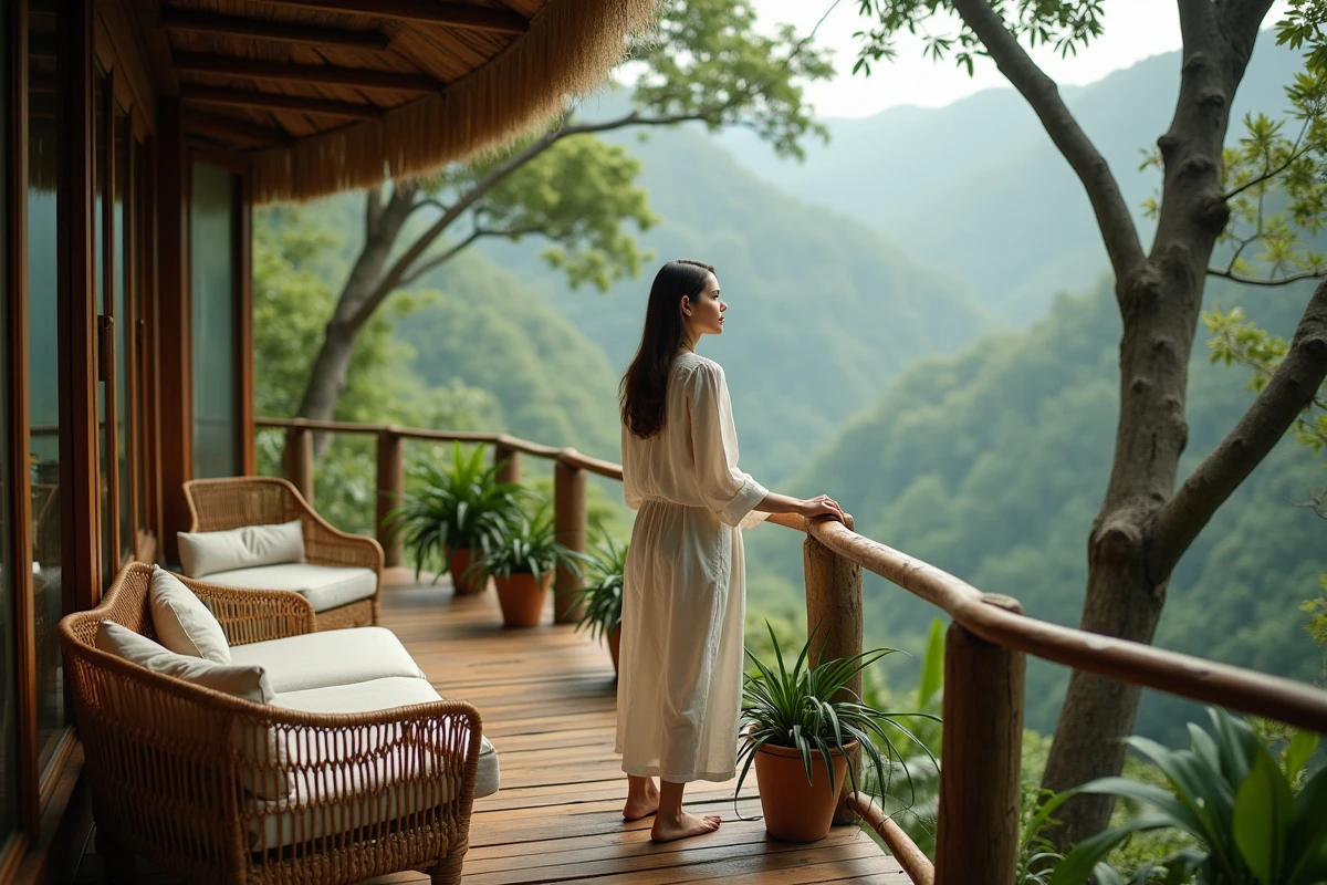 Femme contemplant la vue depuis la terrasse en bois d'un lodge cabane dans les arbres entouré de forêt tropicale brumeuse